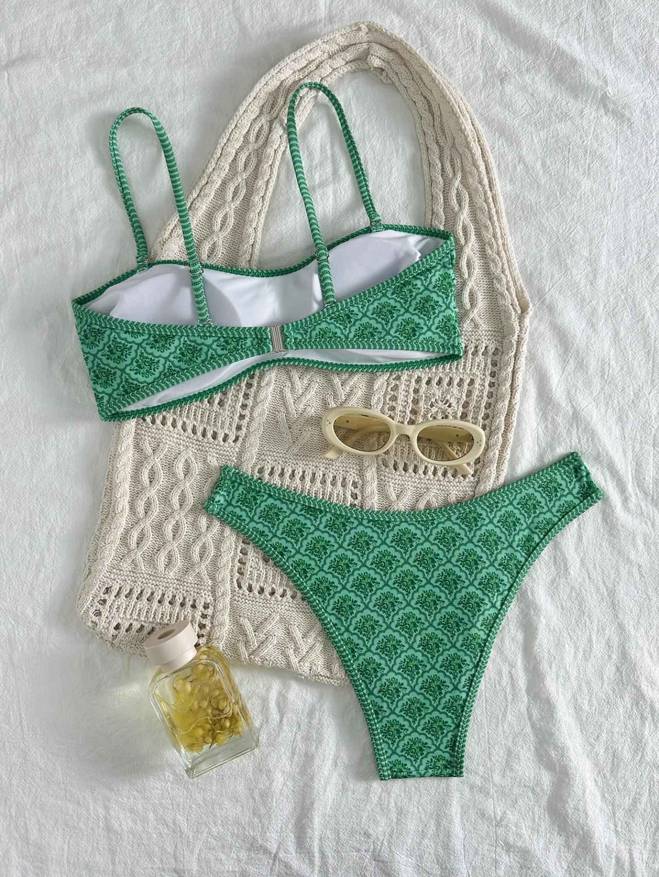 Sexy Bandeau Bikini 2025 Women Green Floral Pleate Push Up Padded Thong Swimsuit Summer Bathing Suit Two Piece Swimwear Biquini