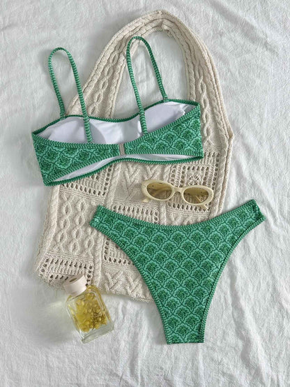 Sexy Bandeau Bikini 2025 Women Green Floral Pleate Push Up Padded Thong Swimsuit Summer Bathing Suit Two Piece Swimwear Biquini