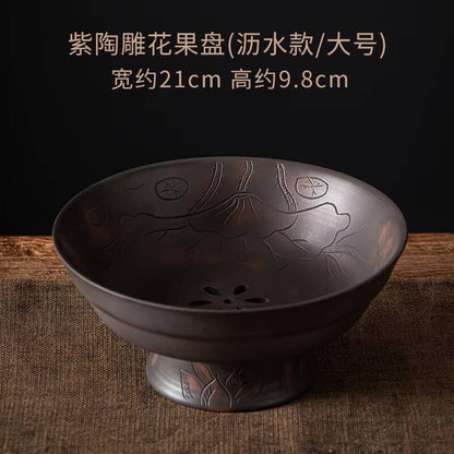Qingxi Purple Pottery Tea Pastry Plate Handmade High Foot Dried Fruit Snack Large Integrated Drain Dessert Candy Dish Gift