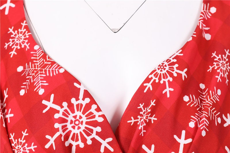 Fashion V-neck Short Sleeve Printed Christmas Dress Large Swing Vintage Elegant Xmas Party Dress