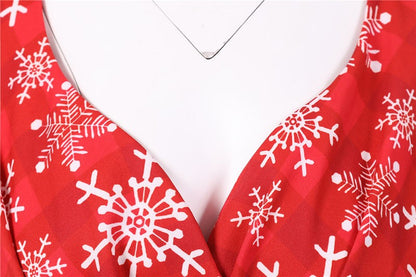 Fashion V-neck Short Sleeve Printed Christmas Dress Large Swing Vintage Elegant Xmas Party Dress
