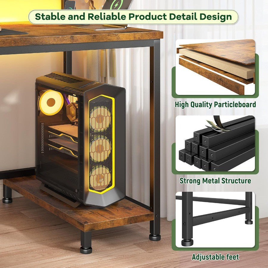 Mesa de Escritório de 99,8 cm com Tomada Embutida e Gaveta para Pequenos Espaços, Mesa Gamer com Suporte de CPU e Luzes LED Ergonômica