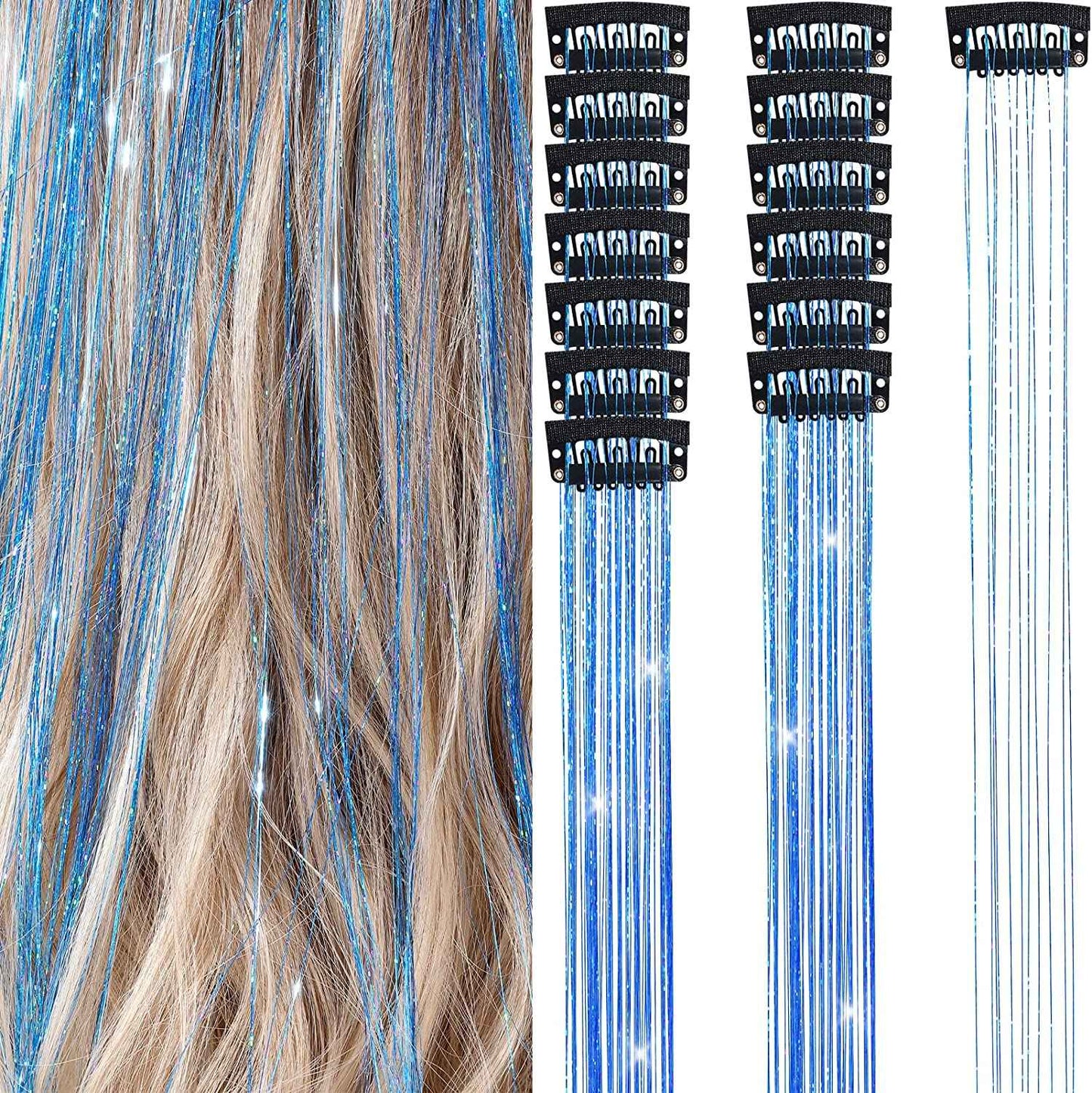 6 peças de extensões de cabelo brilhantes de 50 cm, extensões de cabelo sintéticas, presilhas de cabelo para trançar, chapéus femininos
