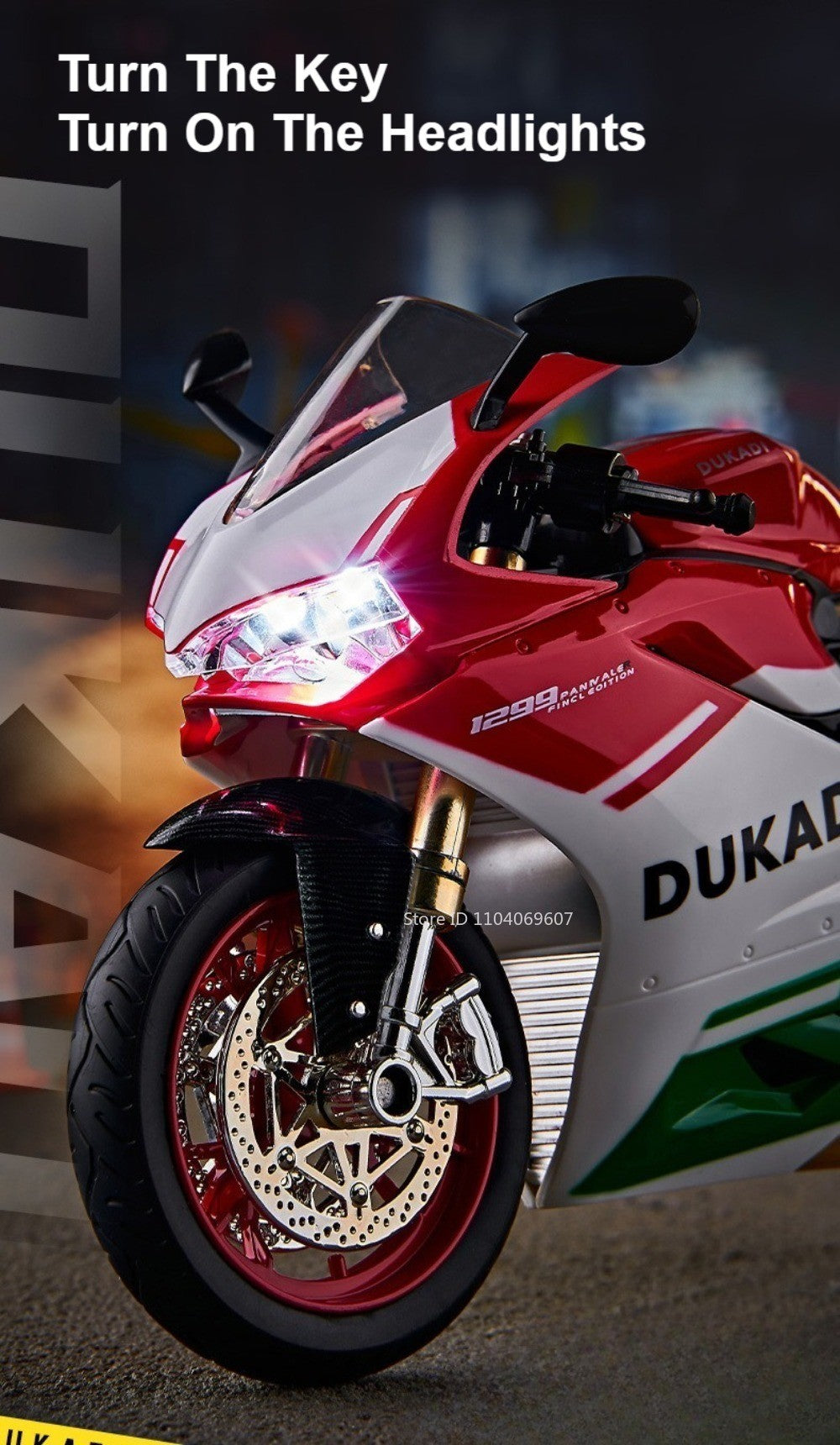 Modelos de motocicleta em miniatura 1:9 Scale 1299 V4S Brinquedos de motocicleta de liga leve com som, luz e absorção de choque, motocicletas de ornamento para presentes infantis