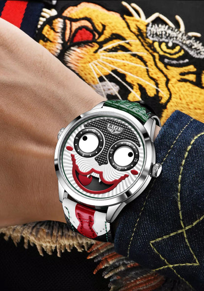 LIGE 2025 Creative Watches For Men Clown Fashion Quartz Wristwatches Waterproof Leather Strap Mens Watch Cool Joker Reloj Hombre