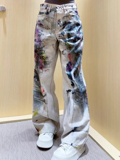 American vintage graffiti 3D printed jeans for women high street Y2K style loose straight-cut casual wide-leg floor-length pants
