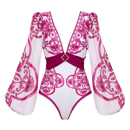 Flaxmaker Classic Women Sexy Bikini Sets Long Sleeves Majolica Series Pattern Print One Piece Swimsuit Skirt Biquini Beachwear