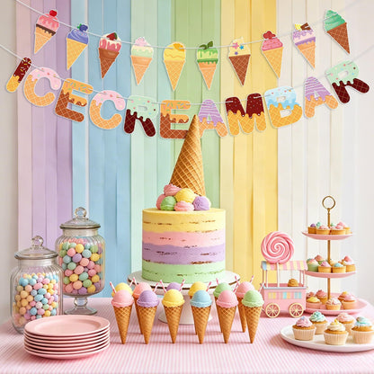 Colorful Paper Banners Ice Cream Shape Pull Flag Party Bunting Milk Tea Summer Theme Garland Decorative