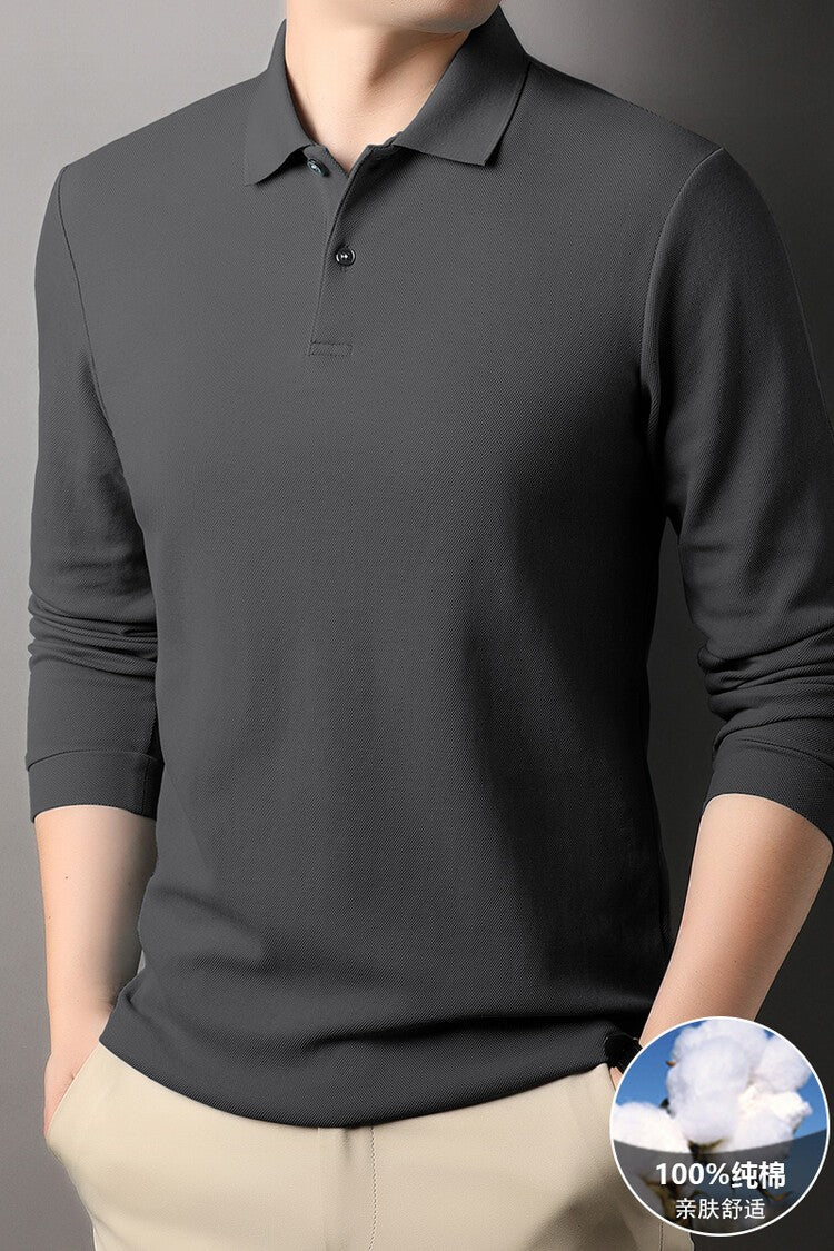 Durable 100% Cotton Men Polo Shirt,Autumn Leisure Long Sleeve, Breathable Lapels T-shirt, 16 Colors, Perfect for Golf and Sports