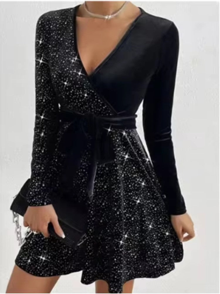 4 Color Sparkling Mini Dress Women's Sexy A-Line Long Sleeved Dress Spring Autumn Party Solid Color Dresses
