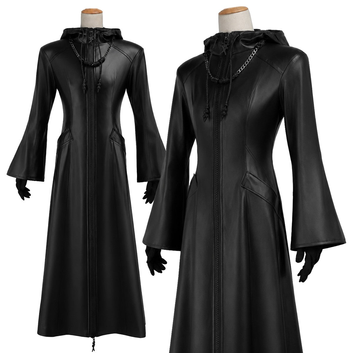 HOLOUN Organization XIII Cosplay Costume Game KH Convention Halloween Christmas Black Hooded Faux Leather Coat Necklace Gloves