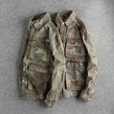 2024 Autumn New American Retro Woven Camouflage Cargo Shirt Men's Fashion 100% Cotton Washed Multi-pocket Casual Thin Jacket