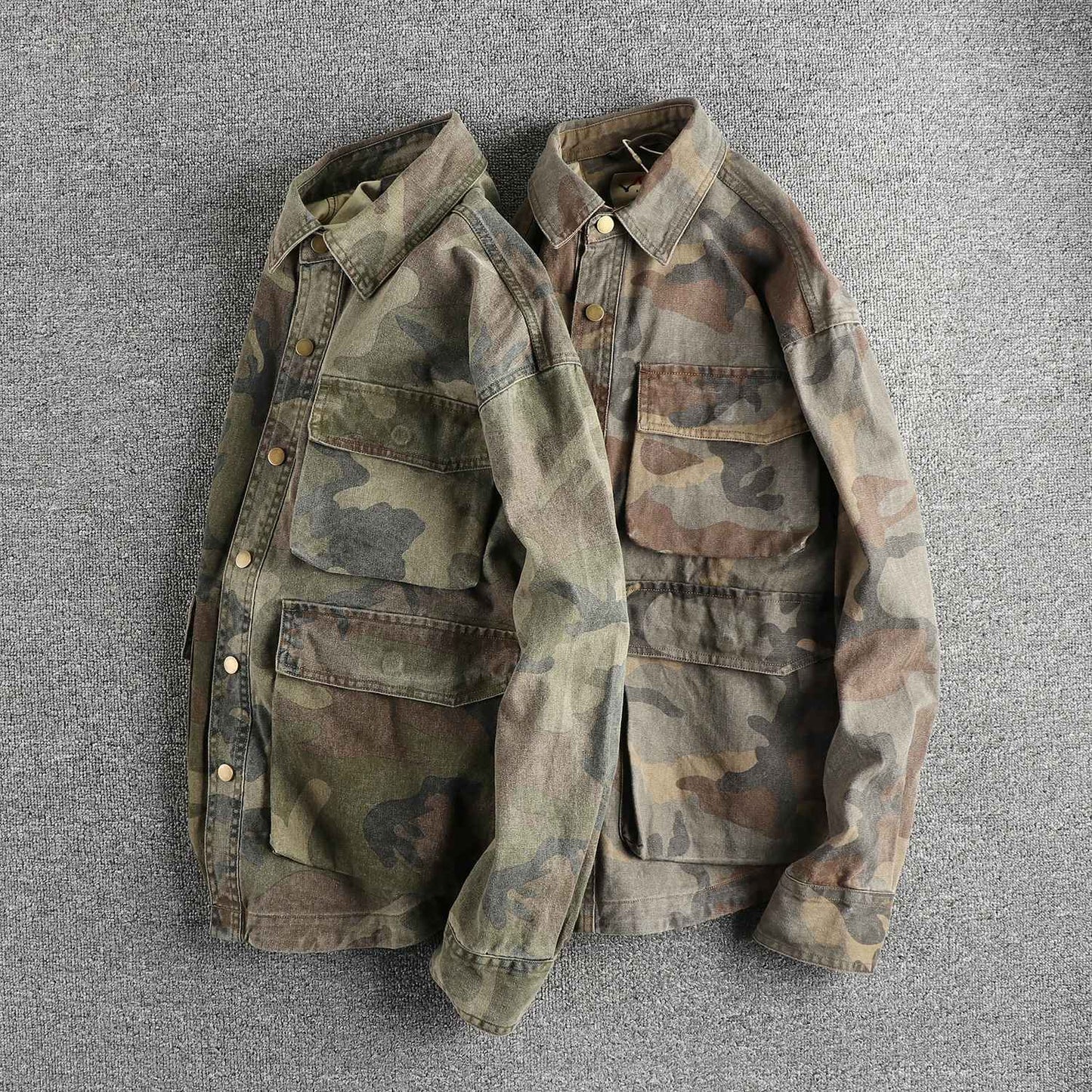 2024 Autumn New American Retro Woven Camouflage Cargo Shirt Men's Fashion 100% Cotton Washed Multi-pocket Casual Thin Jacket