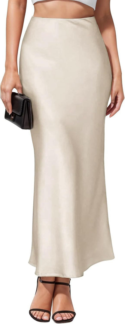 Women Summer Beige Long Skirts Trends 2025 High Waist Maxi Summer Skirt Rayon Silk Pencil Side Slit Satin Skirts For Women