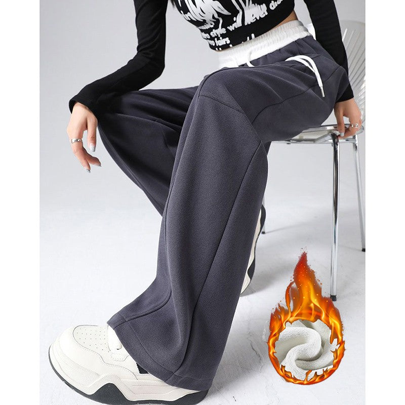 Winter Lady Hot Sale High Waist Thermal Plush Pants Women Chic Straight Leg Fleece Trousers Girls Snow Warm Casual Pants