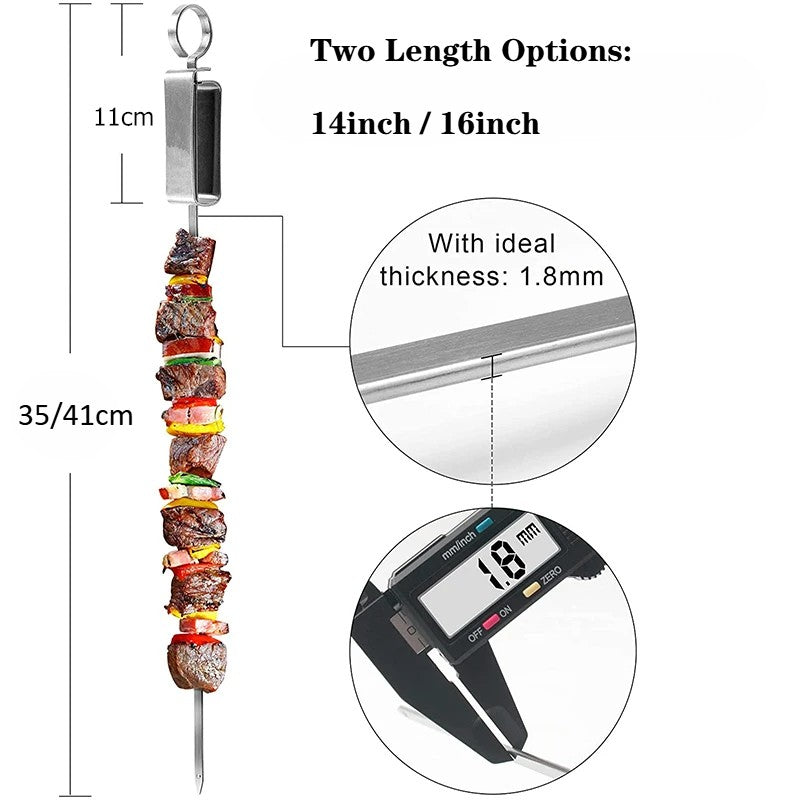 Stainless Steel BBQ Skewers – Flat Metal Kebob Sticks for Grilling Meat Vegetables, with Quick Release Metal Sliding Handle