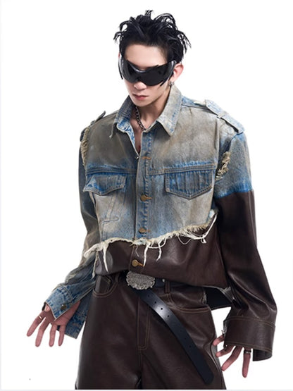 2024 American vintage do old piece-leather destruction denim jacket men fall dirty jacket