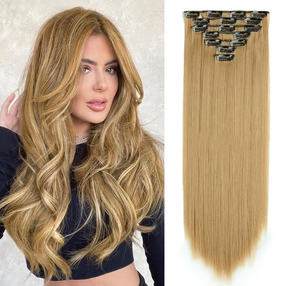 Extensões de Cabelo Sintéticas Pretas Lisas de 22 Polegadas de Comprimento 130g 7 Peças com Presilhas