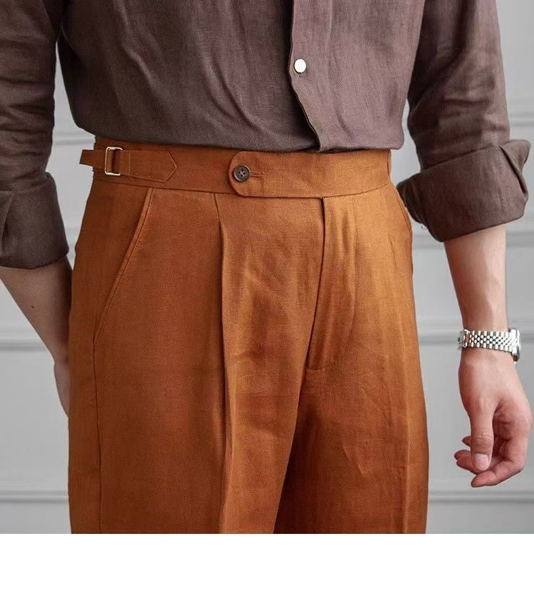 Spring Autumn Men 100% Linen Italian Naples Pants High Waist Straight Suit Trousers Fashion Lightweight Breathable Casual Pants