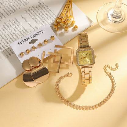 Vintage Gold Fashion Watch Set Square Plate Watch Chain Bracelet Geometric Accessories Orange Gift Box