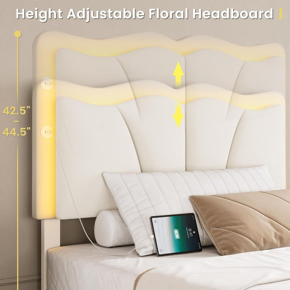 Estrutura de Cama Queen com 4 Gavetas de Armazenamento e Luzes LED, Estrutura de Cama Plataforma Estofada em Veludo com Cabeceira Ajustável em Altura