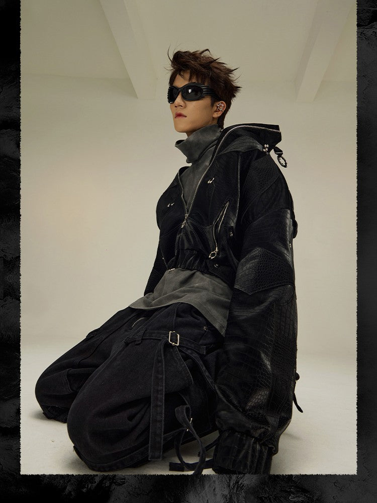 Mauroicardi Spring Autumn Cool Short Shiny Black Crocodile Print Pu Leather Jacket Men Luxury Designer Y2K Streetwear Clothes