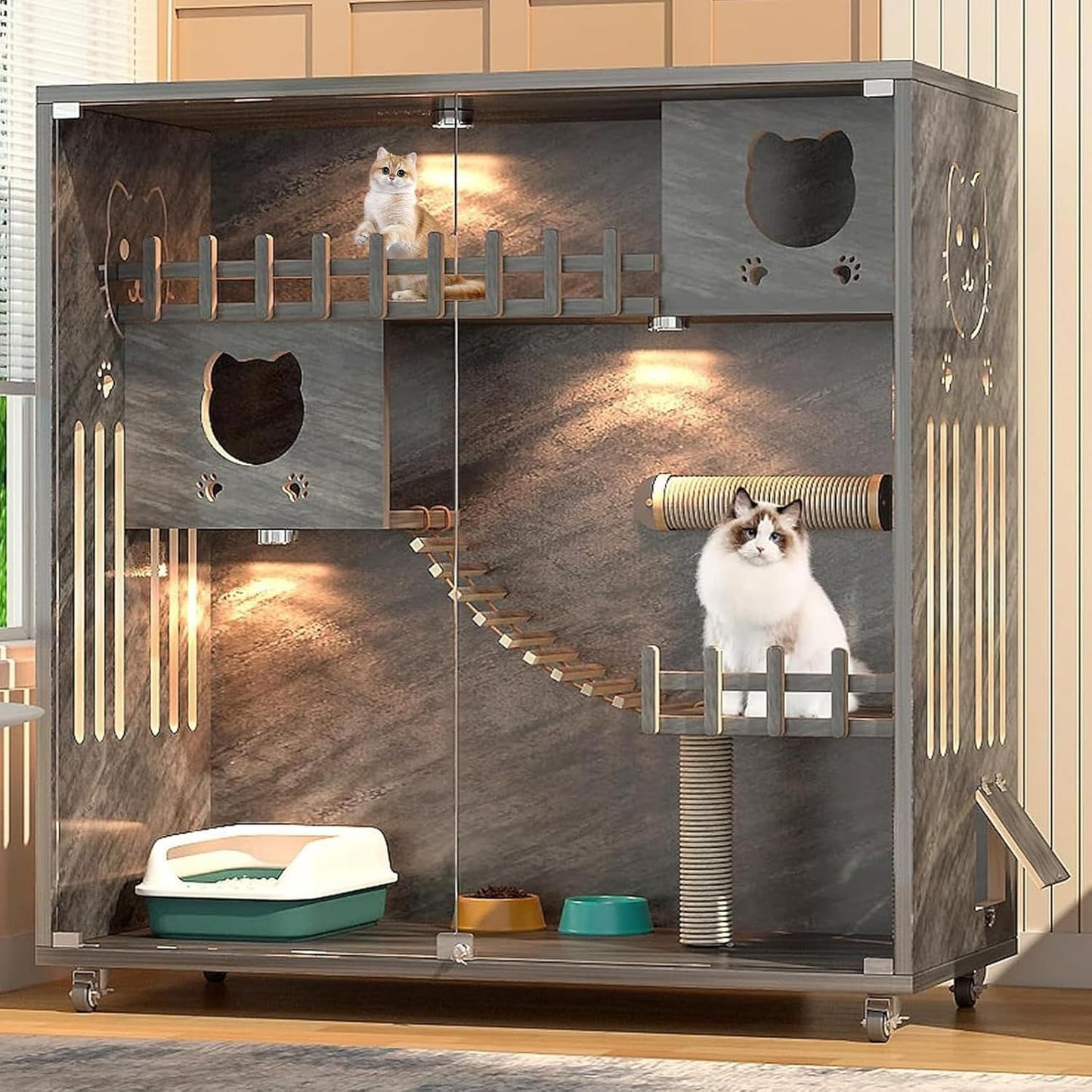 Gaiola de Madeira Grande para Gatos com Rodas, Condomínio Fechado Multifuncional para Gatos com Ventilação