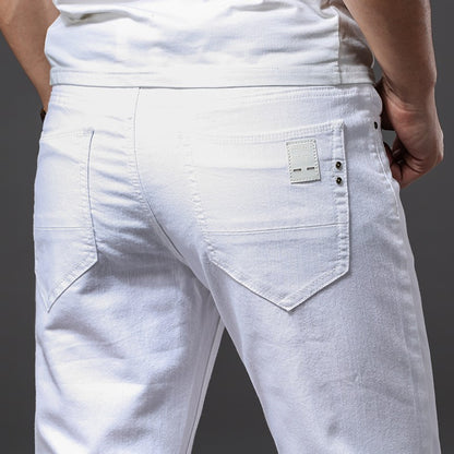 Calça Jeans Masculina Branca Casual Clássica Slim Fit Macia Marca Masculina Avançada Stretch