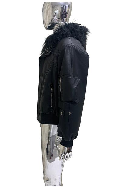 Mauroicardi Autumn Winter Short Oversized Black Warm Pu Leather Jacket Men with Faux Fur Trim Hood Loose Casual Korean Fashion
