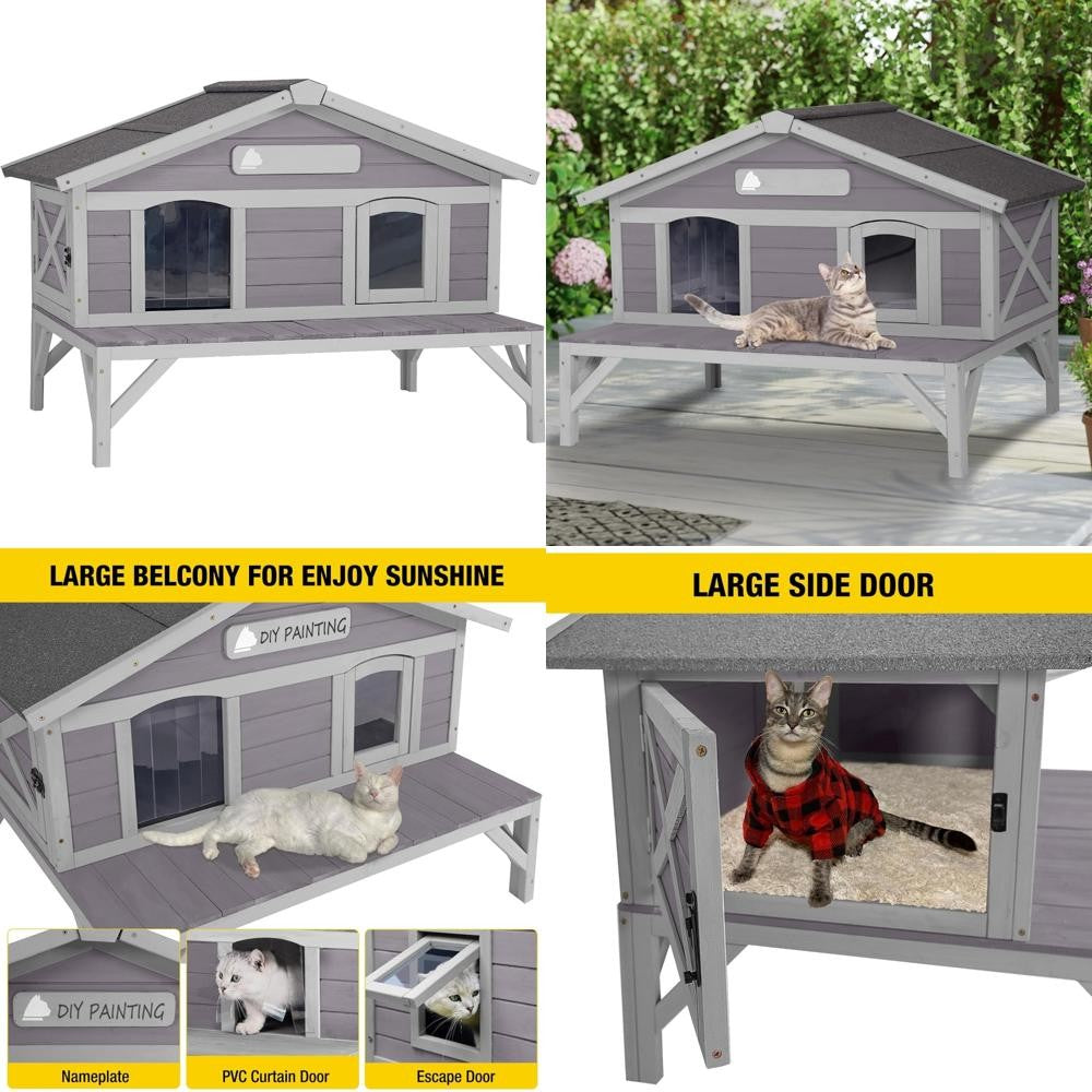 Abrigo de Madeira à Prova de Intempéries para Gatos, Grande Casinha Externa para Animais Selvagens e de Rua para Proteção no Inverno