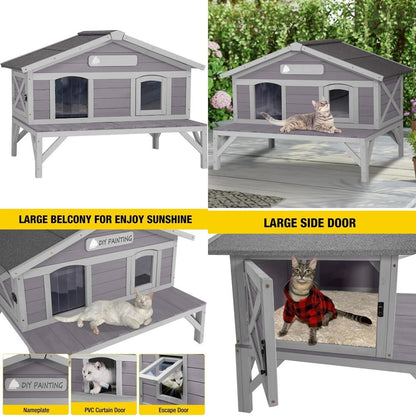 Abrigo de Madeira à Prova de Intempéries para Gatos, Grande Casinha Externa para Animais Selvagens e de Rua para Proteção no Inverno