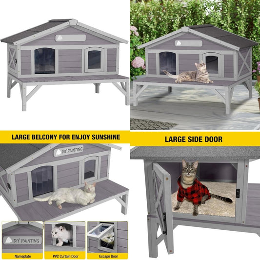 Abrigo de Madeira à Prova de Intempéries para Gatos, Grande Casinha Externa para Animais Selvagens e de Rua para Proteção no Inverno