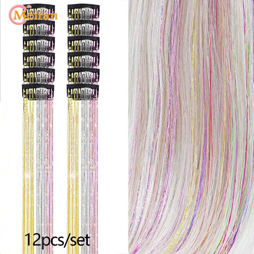 12 Peças/conjunto de Extensões de Cabelo Colorido com Glitter, Presilha de Cabelo Sintética Brilhante e Cintilante, Acessórios de Cabelo para Festas