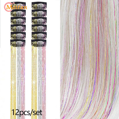 12 peças/conjunto de enfeites de cabelo com presilha, extensões de cabelo sintéticas brilhantes cintilantes, acessórios de cabelo para festa com efeito fada