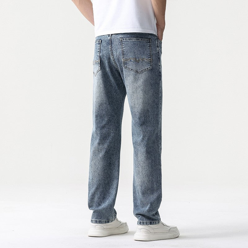 Calça Jeans Masculina Clássica Solta Reta Wide Leg de Sarja Lavada de Alta Qualidade Masculina Fina Fresca Elástica Masculina Casual de Caimento Regular