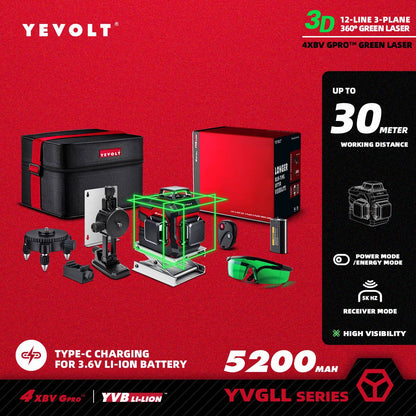Nível a Laser Verde YEVOLT YVGLL4XS-Series 3/4 Planos 12/16 Linhas Autonivelante 360 3D/4D Horizontal e Vertical Ferramenta de Medição de Energia