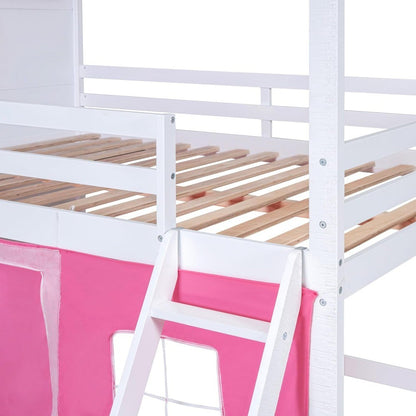 Beliche de Casal com Tenda, Beliche Infantil com Escadas, Guarda-corpo, Janelas e Telhado, Beliche de Madeira de Casal Ov