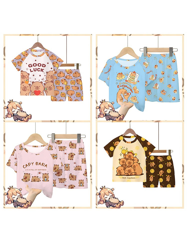 2pc Capybara Kids Pajama Set 5-14 Years, Summer Cartoon Short Sleeve Sleepwear with Hamburger Print, Breathable Boys Girls PJs