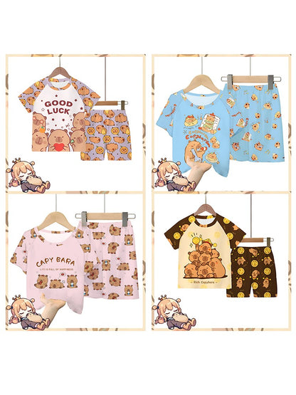 2pc Capybara Kids Pajama Set 5-14 Years, Summer Cartoon Short Sleeve Sleepwear with Hamburger Print, Breathable Boys Girls PJs