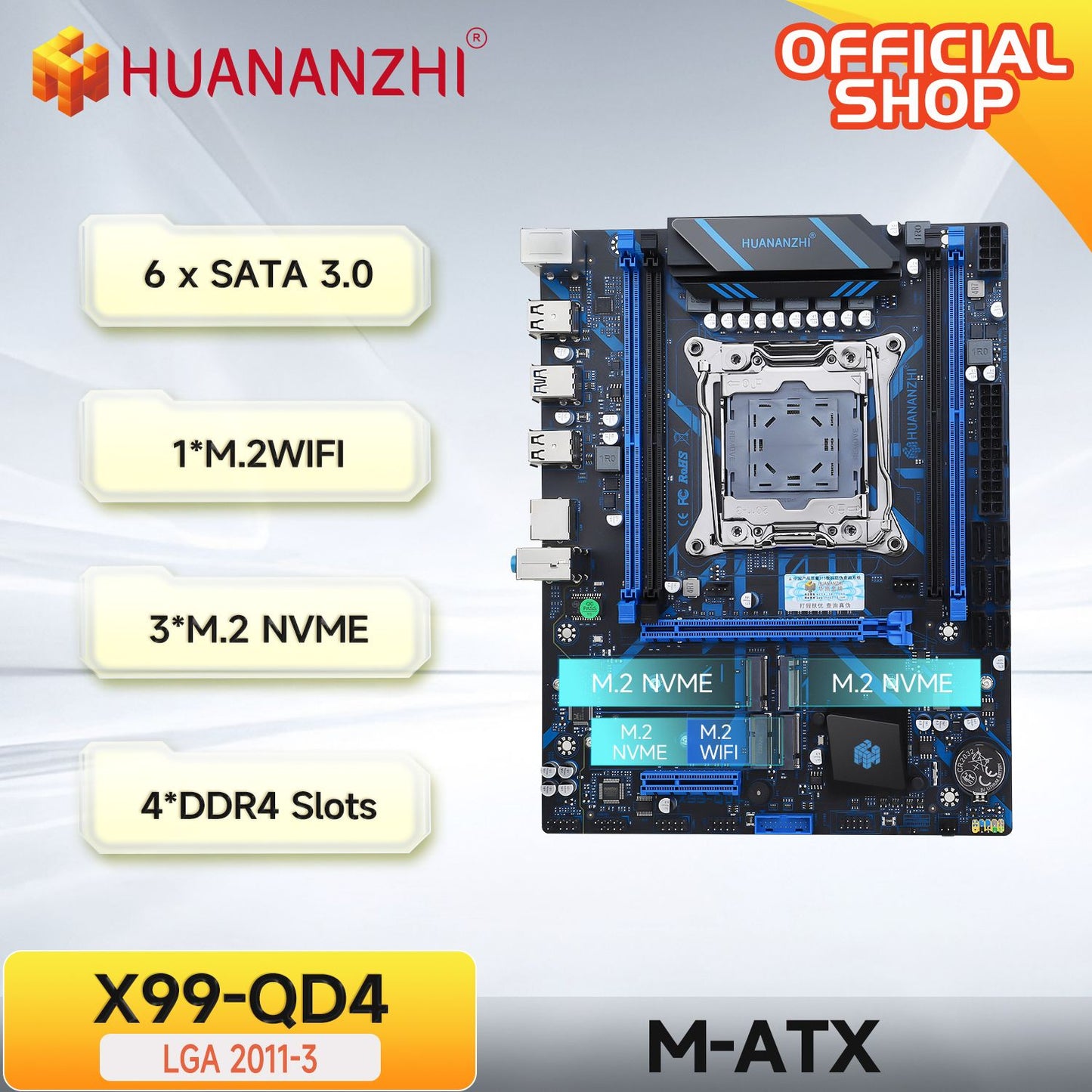 HUANANZHI QD4 LGA 2011-3 Motherboard support XEON E5 2620 2640 2660 2666 2667 2670 2680 2696 V3 V4 DDR3 RECC NON-ECC RAM NVMe