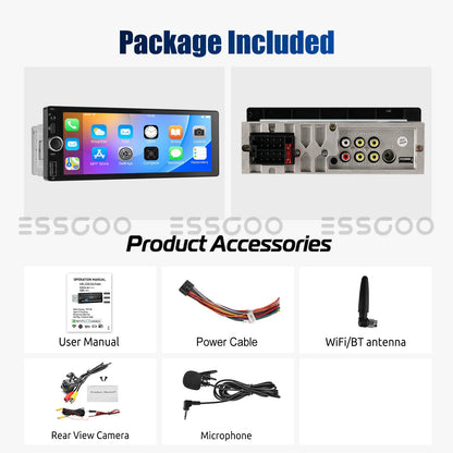 ESSGOO 1Din IPS 6.86 Inch Wireless Carplay Android Auto Car Radio Multimedia Video MP5 Player Touch Screen Universal Stere