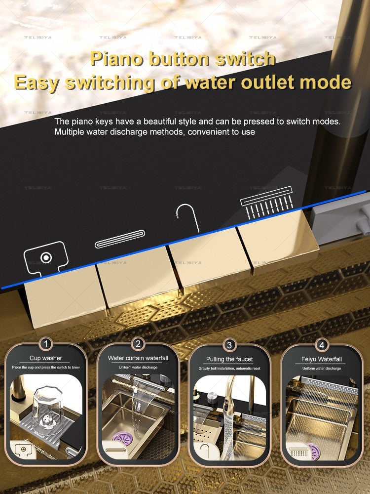 Stainless Steel Golden Kitchen Sink Multifunctional Waterfall Outlet Single Slot Piano Button Digital Display