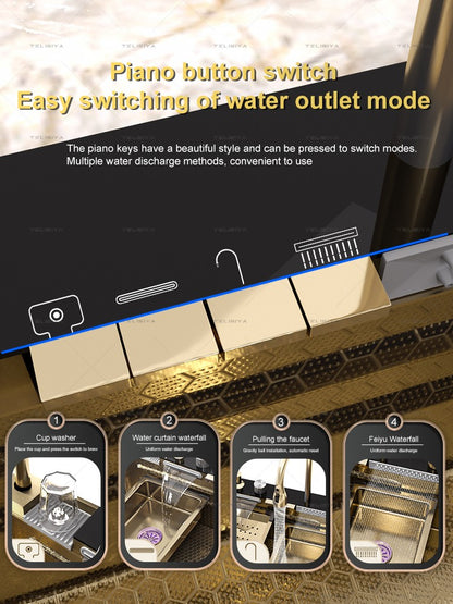 Stainless Steel Golden Kitchen Sink Multifunctional Waterfall Outlet Single Slot Piano Button Digital Display