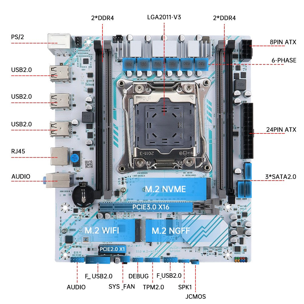 Conjunto de placa-mãe MOUGOL X99 com Xeon E5 2680 V4, DDR4 32G (2*16G) 2133MHz RAM de canal duplo, pino TPM2.0 para componente de computador para jogos