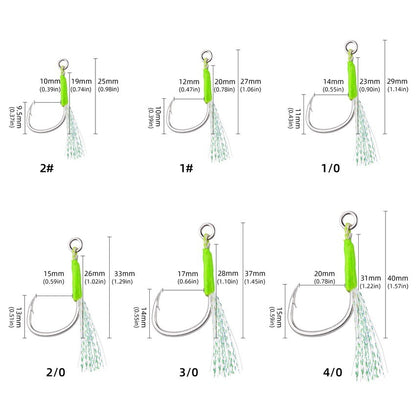 Anzóis Jig Assist 5 Peças, Linha de Aço Inoxidável de Alta Resistência, Tubo Luminoso, Pena, Anel Sólido, Anzol de Jigging, Anzóis de Pesca de Barco