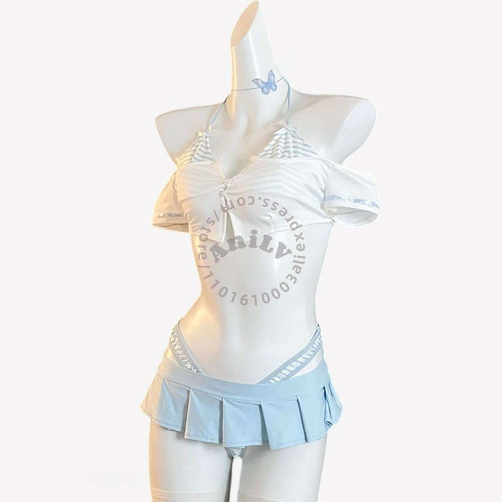 AniLV Anime Summer Beach Vacation Stripe Bikini Student Swimsuit Outfits Cosplay Costumes
