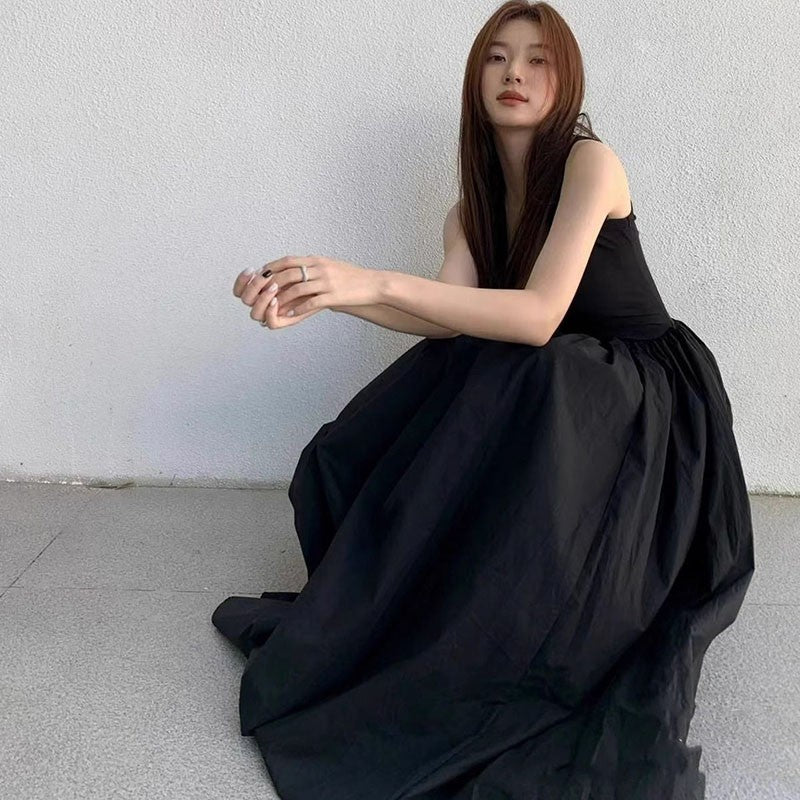 Black Strapless Long Dress Women Fashion Slim Sleeveless O-Neck High Waist Dress