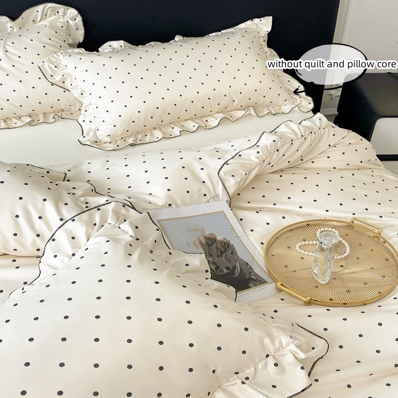 Conjunto de capa de edredom coreana de renda 3 peças (1*Capa de Edredom + 2*Fronhas, Sem enchimento), Conjunto de cama com estampa de bolinhas pretas