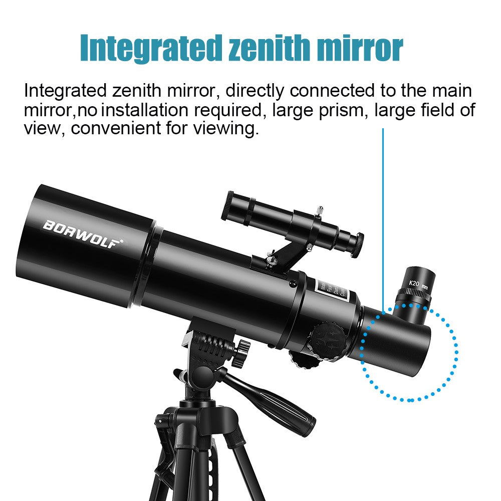 BORWOLF AZ80400 Telescópios Astronômicos para Adultos, Abertura de 80mm Montagem AZ de 400mm 200X HD para Observação da Lua, Estrelas e Pássaros