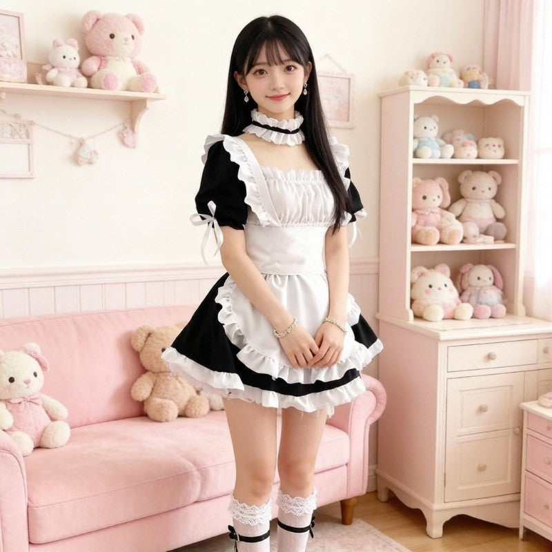 Cute Japanese Maid Outfit Sweet Lolita Cosplay Costume Black White Uniform Full Set Gothic Lace Party Halloween Stage Wear